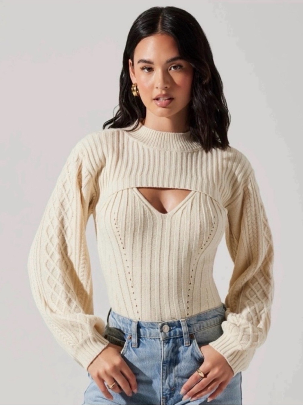 ASTR The Label Cream Cable Knit Cutout Sweater Coastal Quiet Luxury S